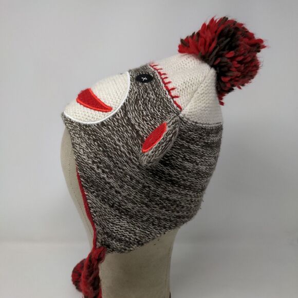 Toffee Apple Boys Sock Monkey Beanie Hat Gray Red 2013 Ear Flaps - Picture 5 of 11